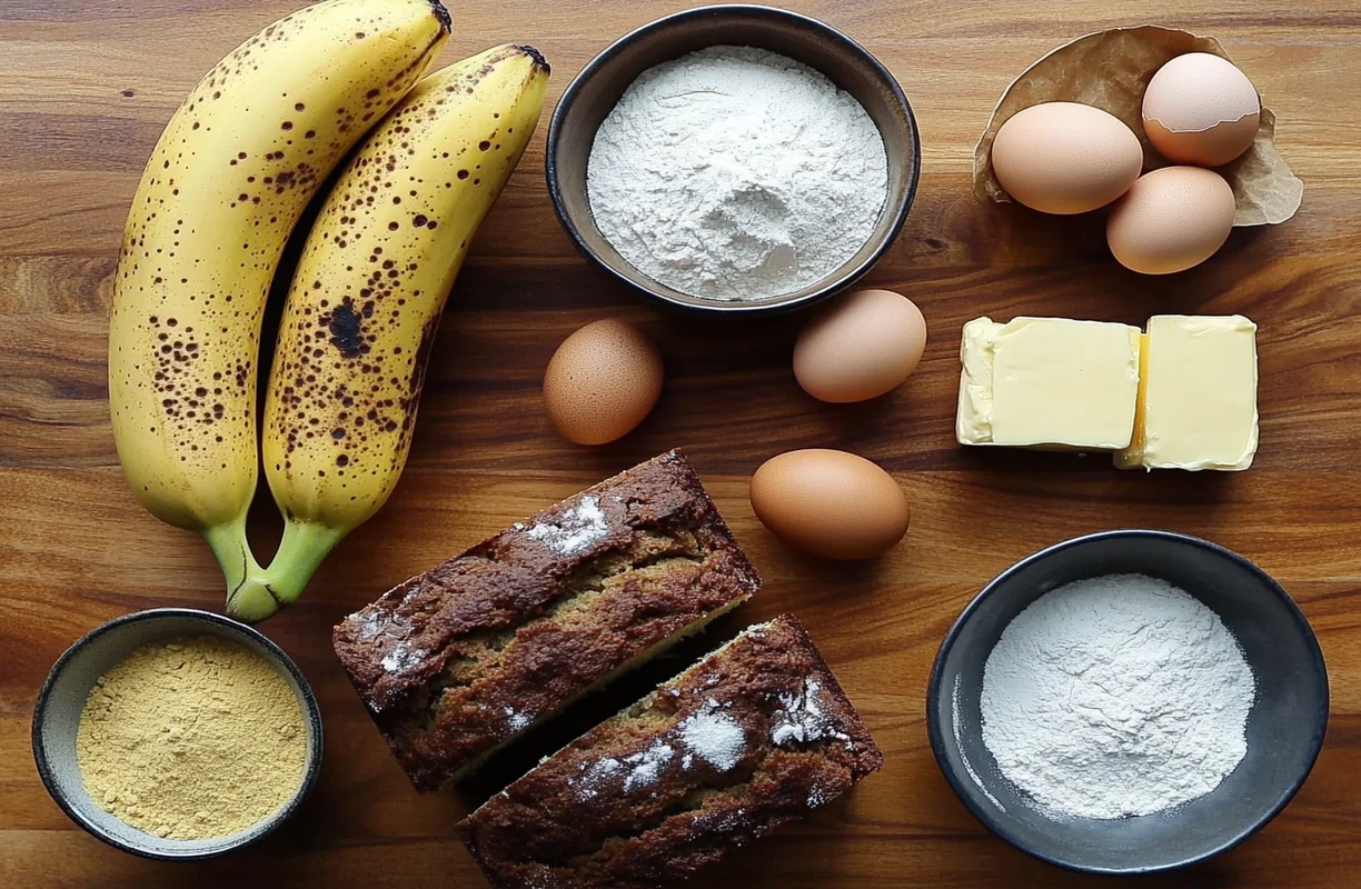 Key ingredients of banana loaf: ripe bananas, flour, eggs, butter, and sugar on a wooden countertop.