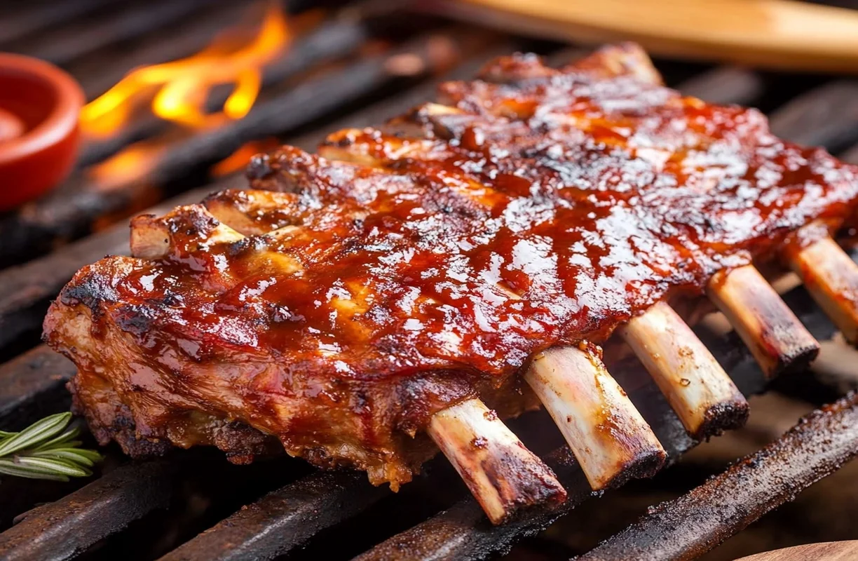 Smoked barbecue ribs glazed with sauce, sizzling on a Traeger grill, an example of Traeger recipes.