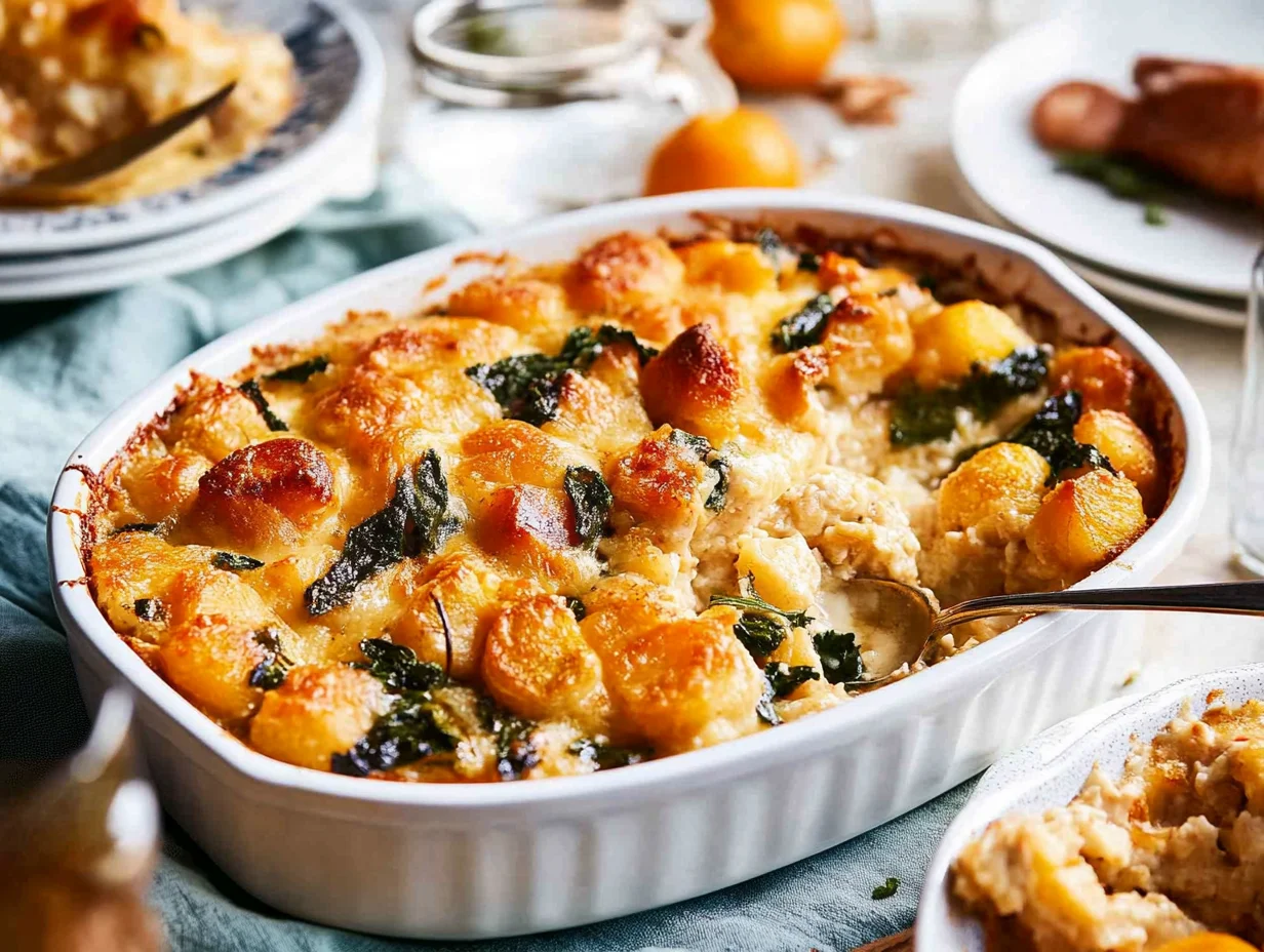 A golden-brown Thanksgiving casserole with crispy topping and leafy greens, served in a white dish, placed on a table with plates and utensils.