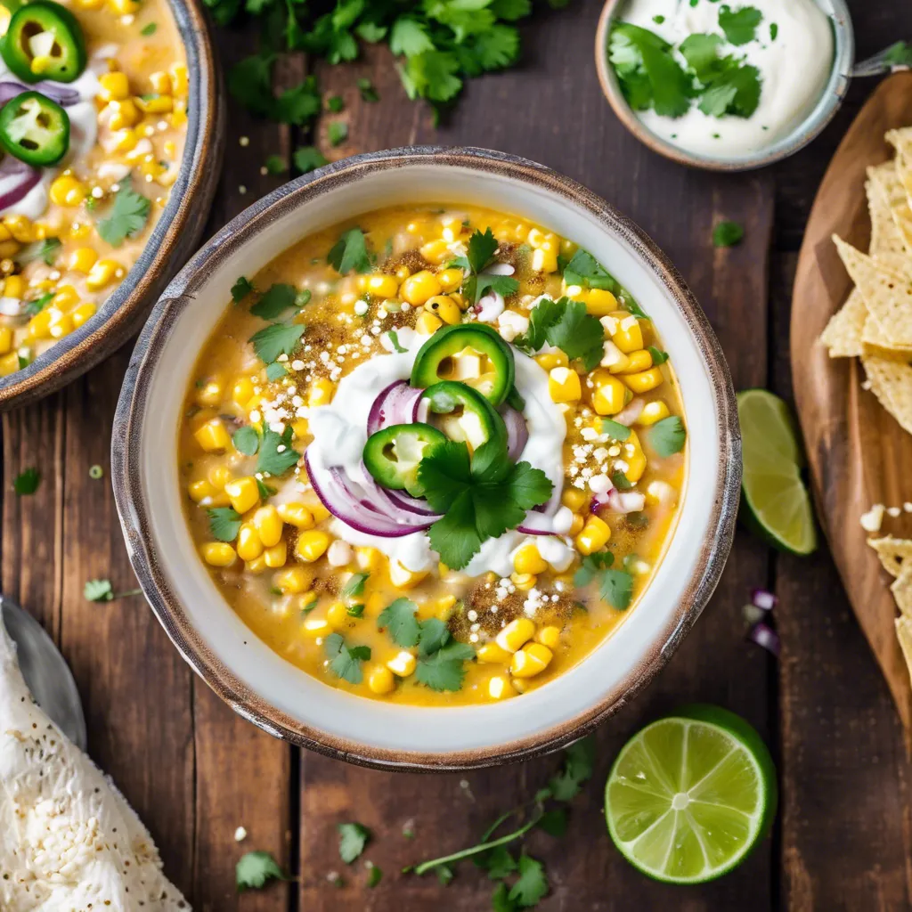 Creamy Mexican Street Corn Soup garnished with fresh cilantro and crumbled cheese