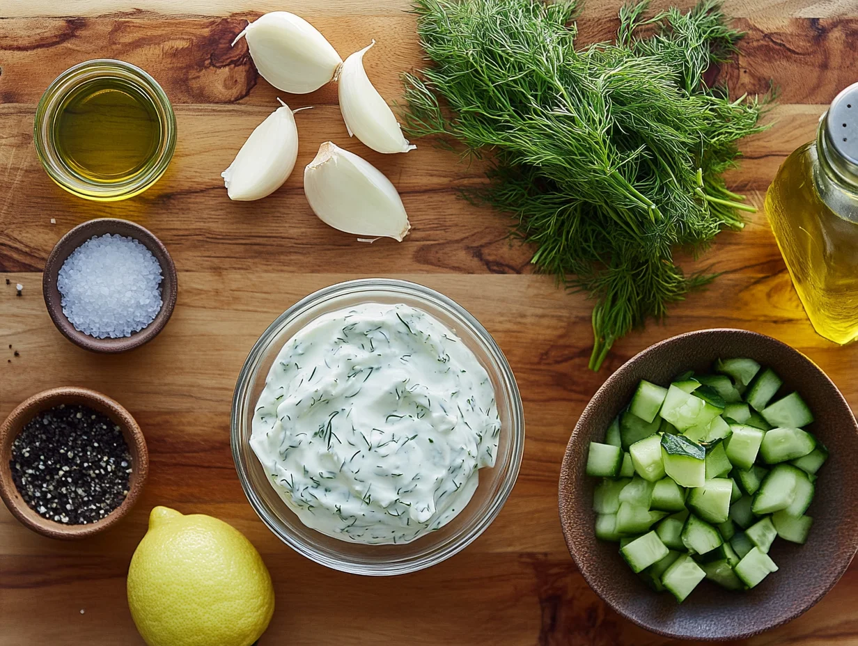 A top-down view of tzatziki sauce ingredients arranged on a wooden cutting board, including a bowl of Greek yogurt, freshly grated cucumber, garlic cloves, fresh dill, a halved lemon, a bottle of olive oil, and small bowls of salt and pepper.