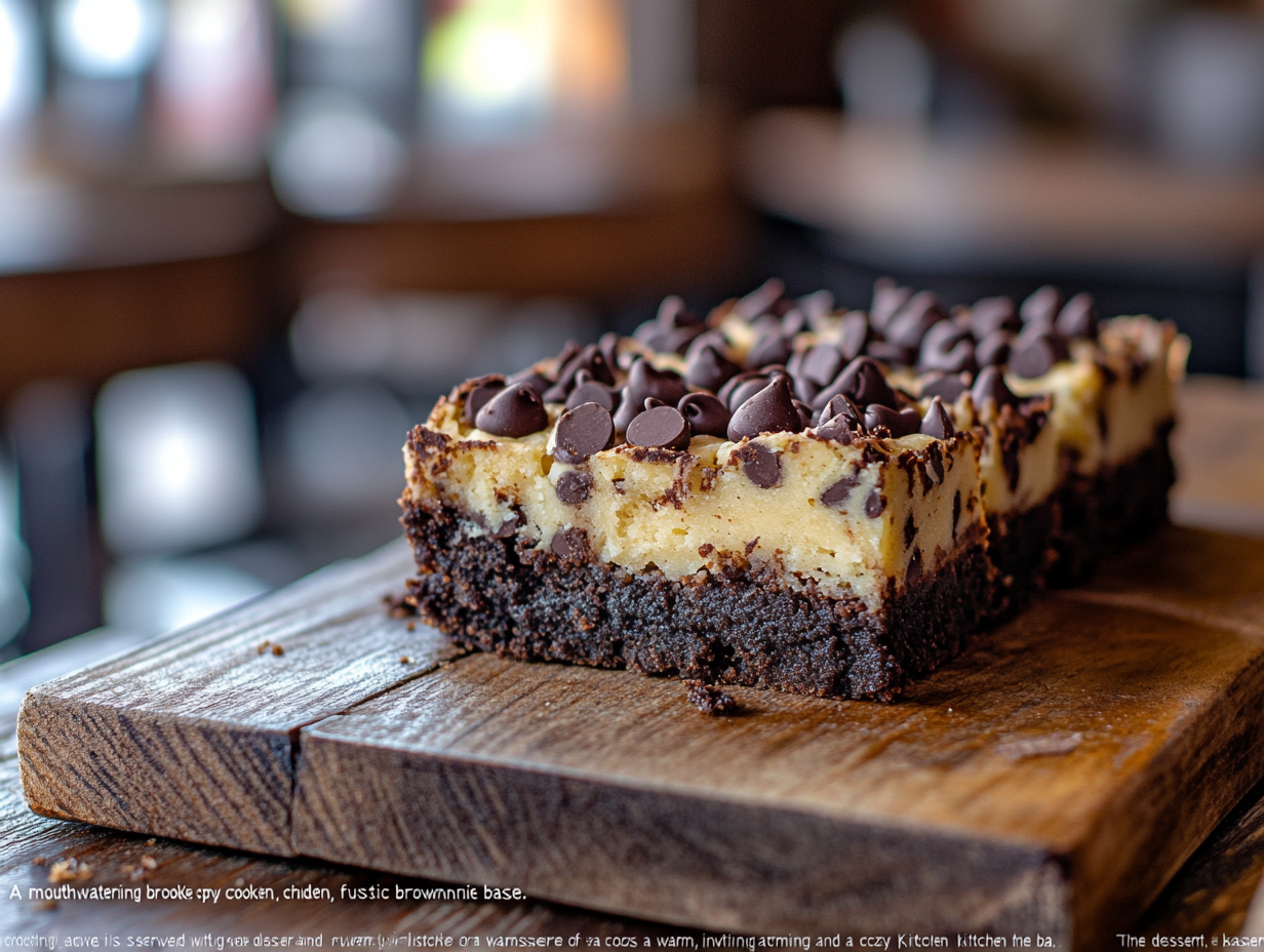 Close-up of brookies, a dessert combining a rich brownie base with a soft, golden cookie dough topping.