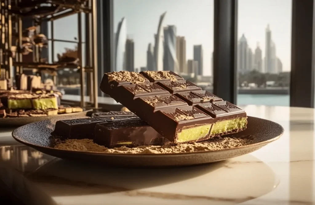 A plate of Chocolat Dubaï bars featuring dark chocolate layers and pistachio filling, with a view of Dubai's skyline in the background.