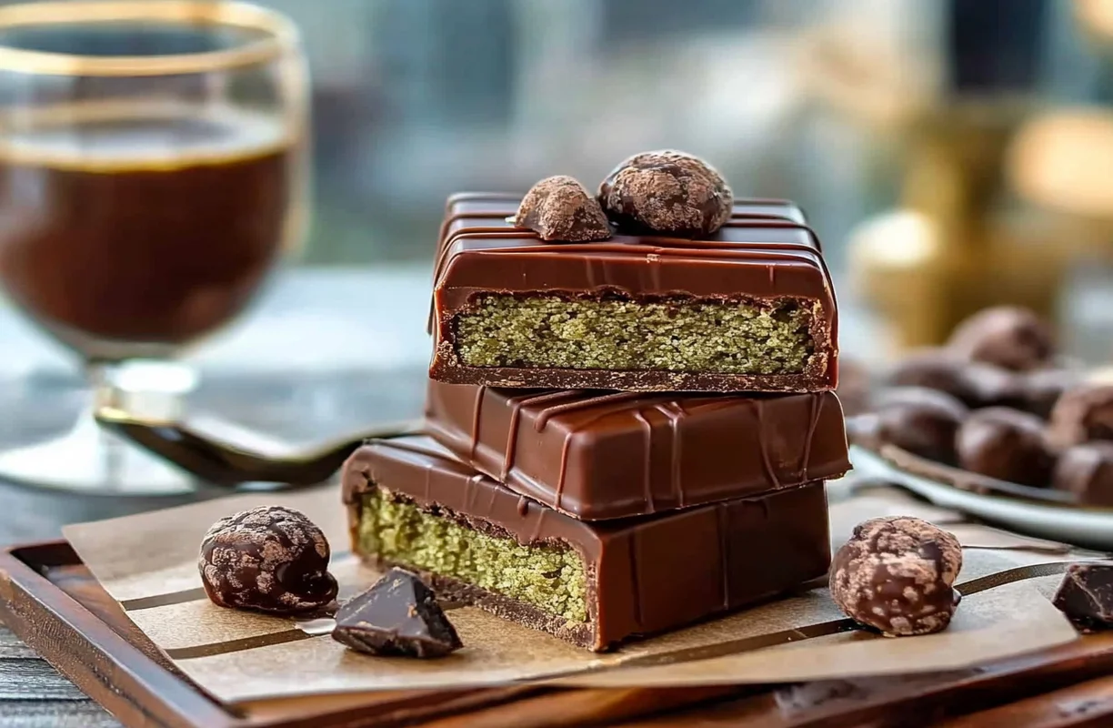 A stack of Chocolat Dubaï bars with pistachio filling, surrounded by chocolate truffles and a glass of coffee, evoking a luxurious dessert presentation.