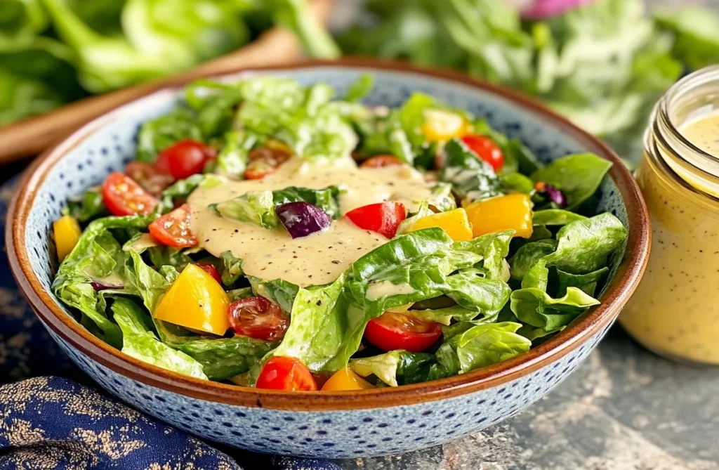 Fresh salad with cherry tomatoes and arugula drizzled with soaked salad dressing.