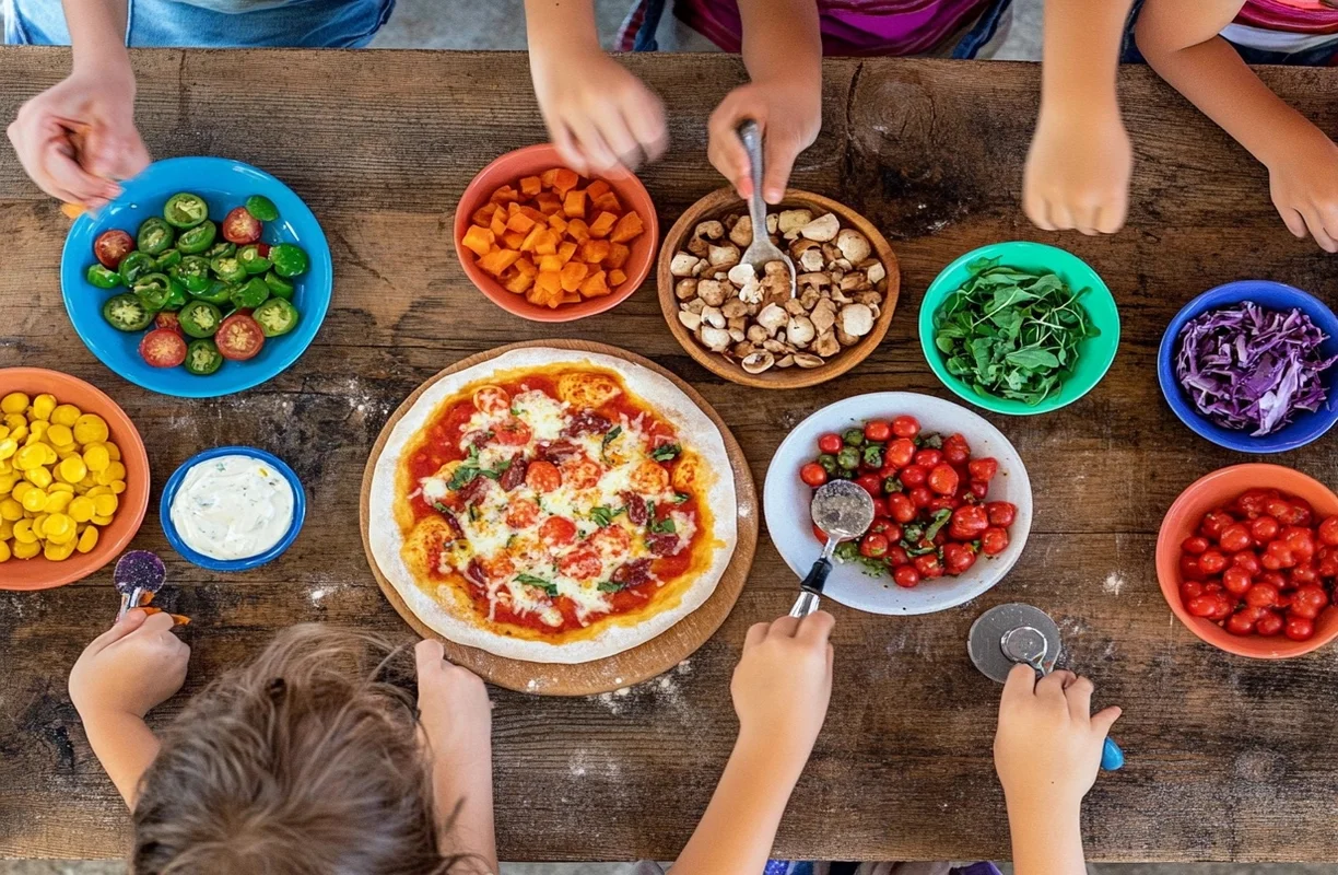 Children’s hands decorating pizzas with ingredients on a vibrant table setup using homeslice pizza dough for kids.