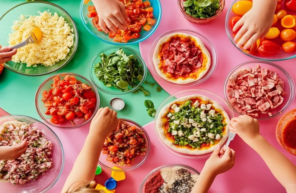 Children and parents kneading homeslice pizza dough for kids together on a flour-dusted surface, enjoying family time.