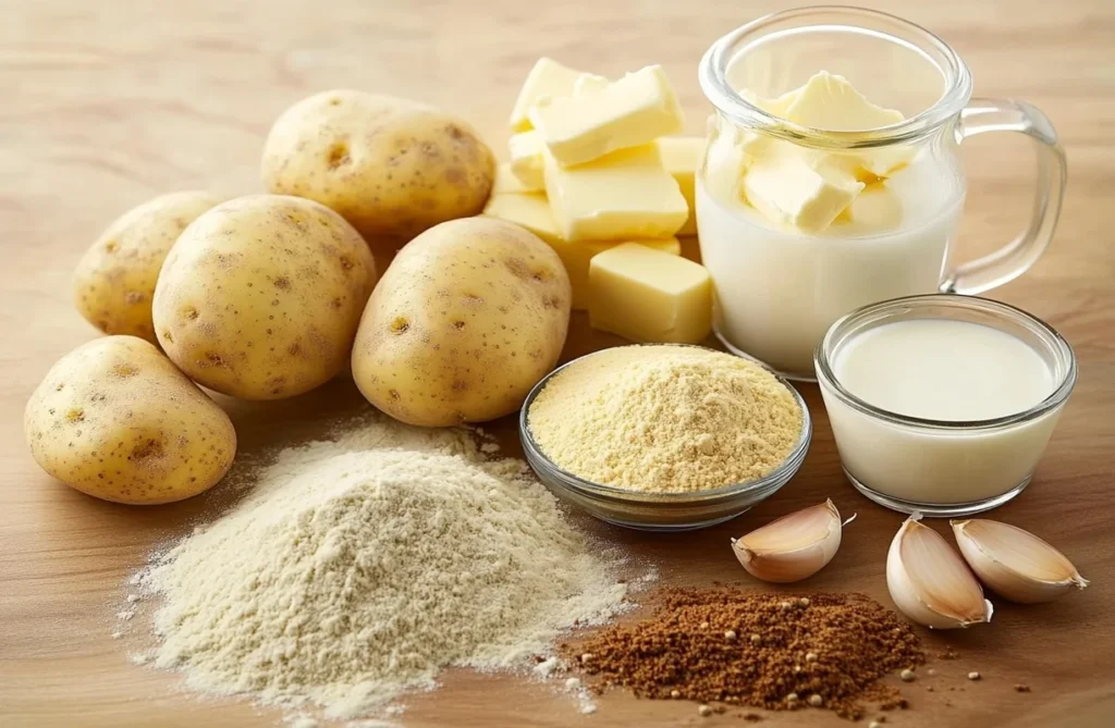 Ingredients for scalloped potatoes recipe with cheese powder, including potatoes, butter, milk, and garlic.