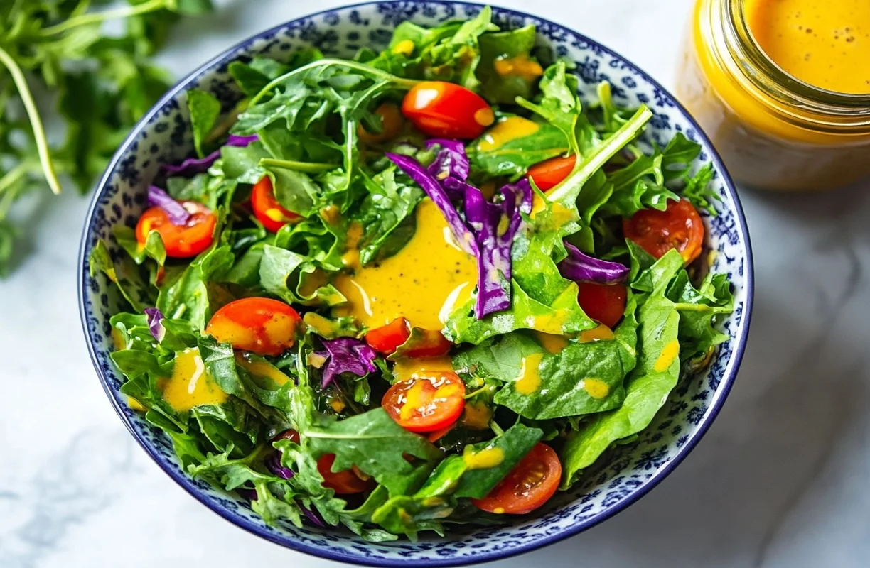 Fresh salad with cherry tomatoes and arugula drizzled with soaked salad dressing.