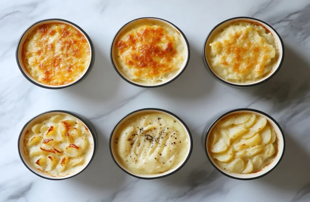 Scalloped potatoes recipe with cheese powder, shown in individual portions with various toppings.