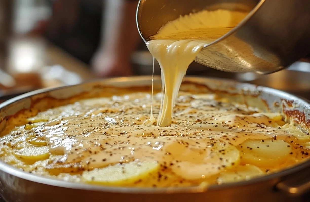 "Cheese sauce made with cheese powder being poured over scalloped potatoes for the perfect recipe."