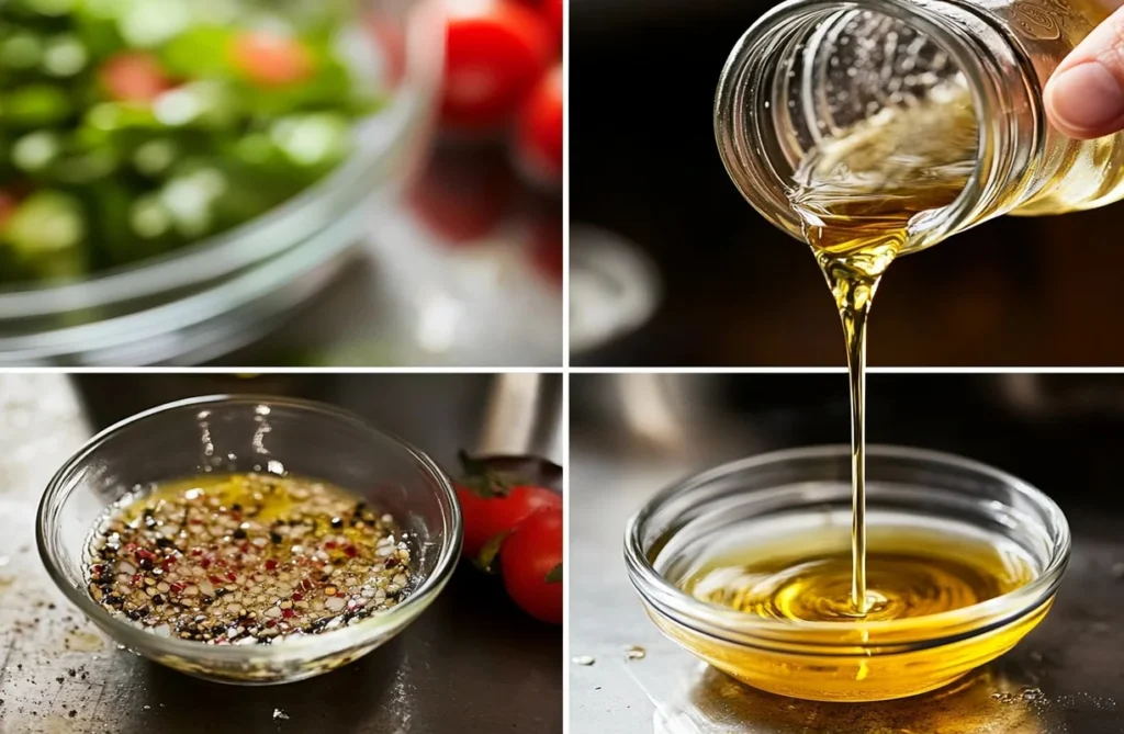 Soaked salad dressing preparation process with olive oil, vinegar, and spices in glass bowls.