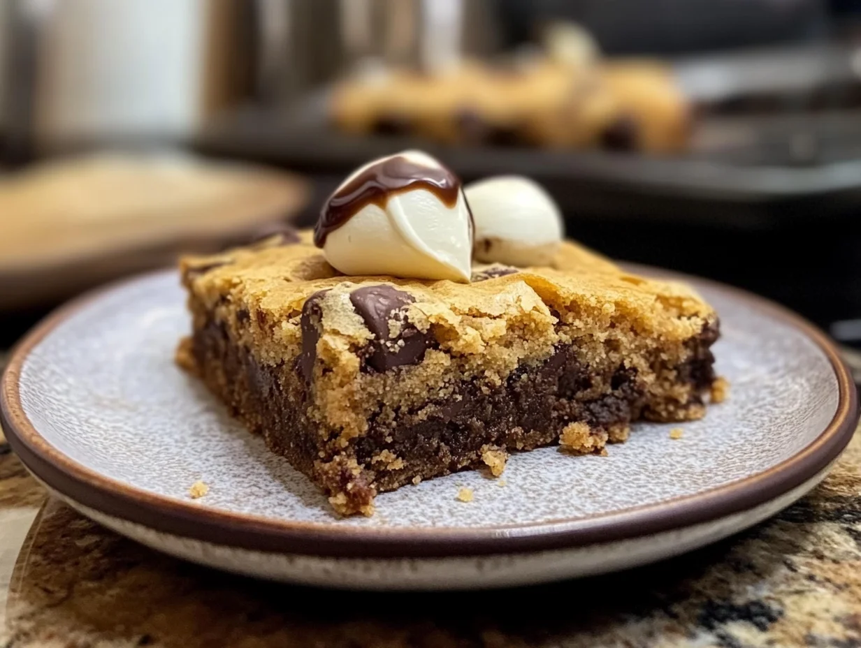 A close-up of layered brookies featuring a rich, fudgy brownie base topped with a chewy, golden-brown cookie layer, sliced into squares and served on a wooden board