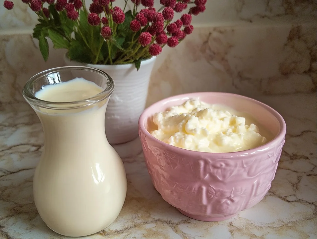 A glass jug filled with creamy kefir sits next to a pink bowl of thick, textured kefir curds, placed on a marble countertop with a vase of small red flowers in the background.