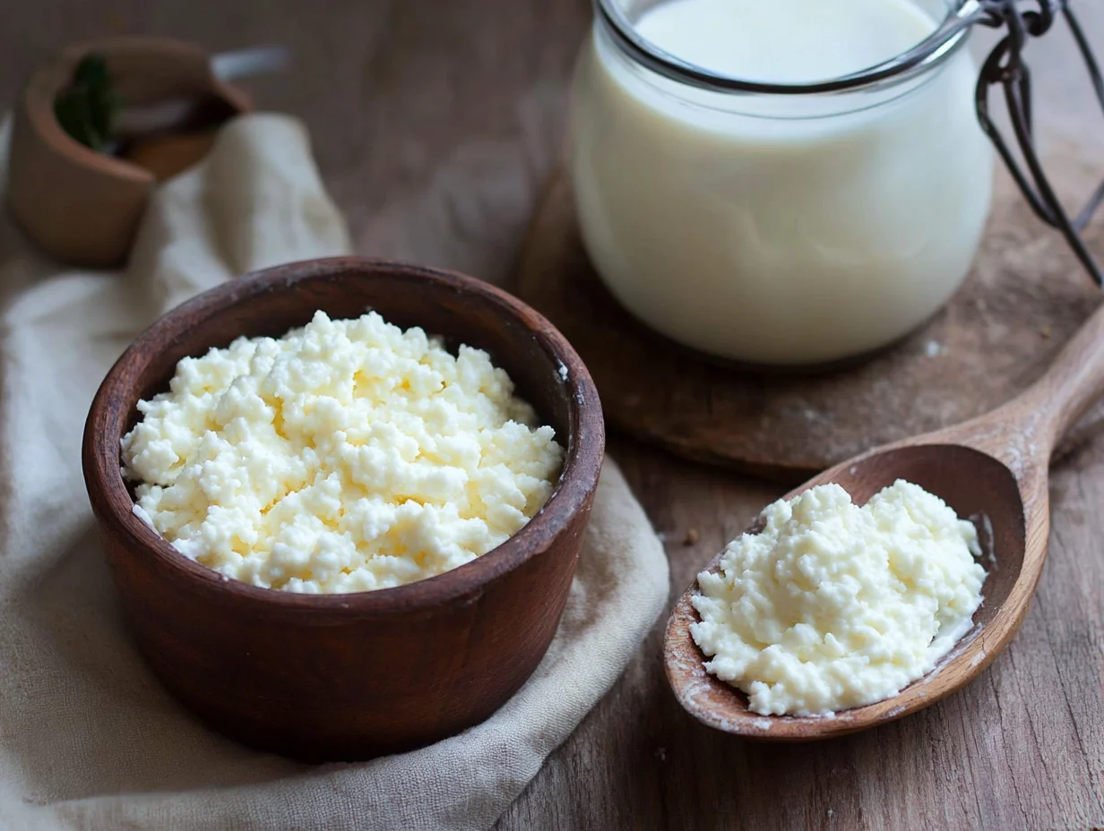 A wooden bowl filled with fresh kefir grains next to a jar of liquid kefir and a wooden spoon holding a small portion of kefir grains on a rustic wooden surface.