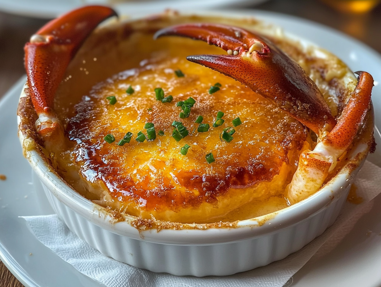 A beautifully plated Crab Brûlée on a white ceramic dish, garnished with microgreens and a lemon wedge, the golden caramelized top glistening under soft ambient light, surrounded by elegant seafood-themed tableware