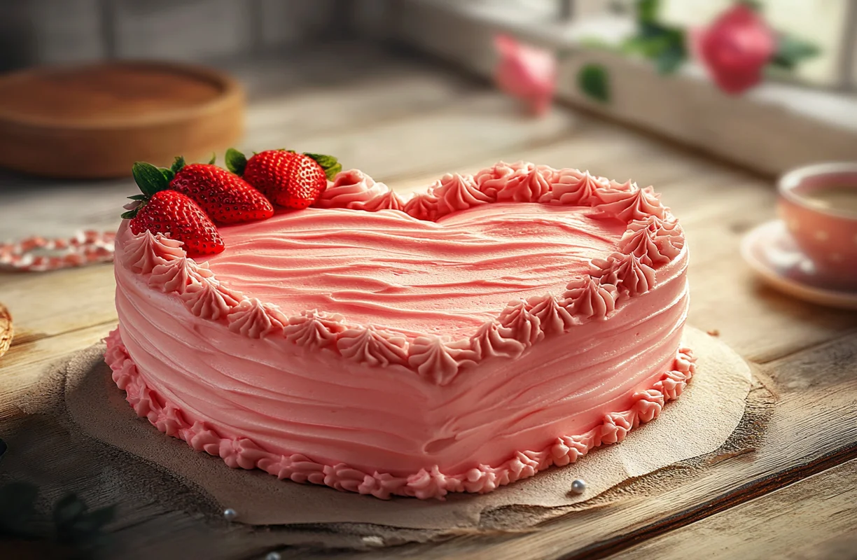 Heart cake baking ingredients on a rustic kitchen countertop, including flour, sugar, eggs, butter, cocoa powder, milk, and a whisk