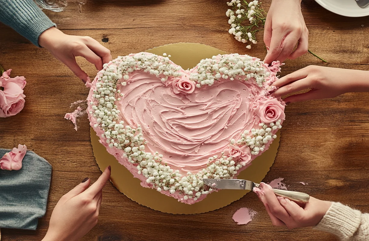 A beautifully decorated 8-inch heart-shaped pink cake with white frosting swirls, pink roses, and baby's breath flowers on a gold cake board.