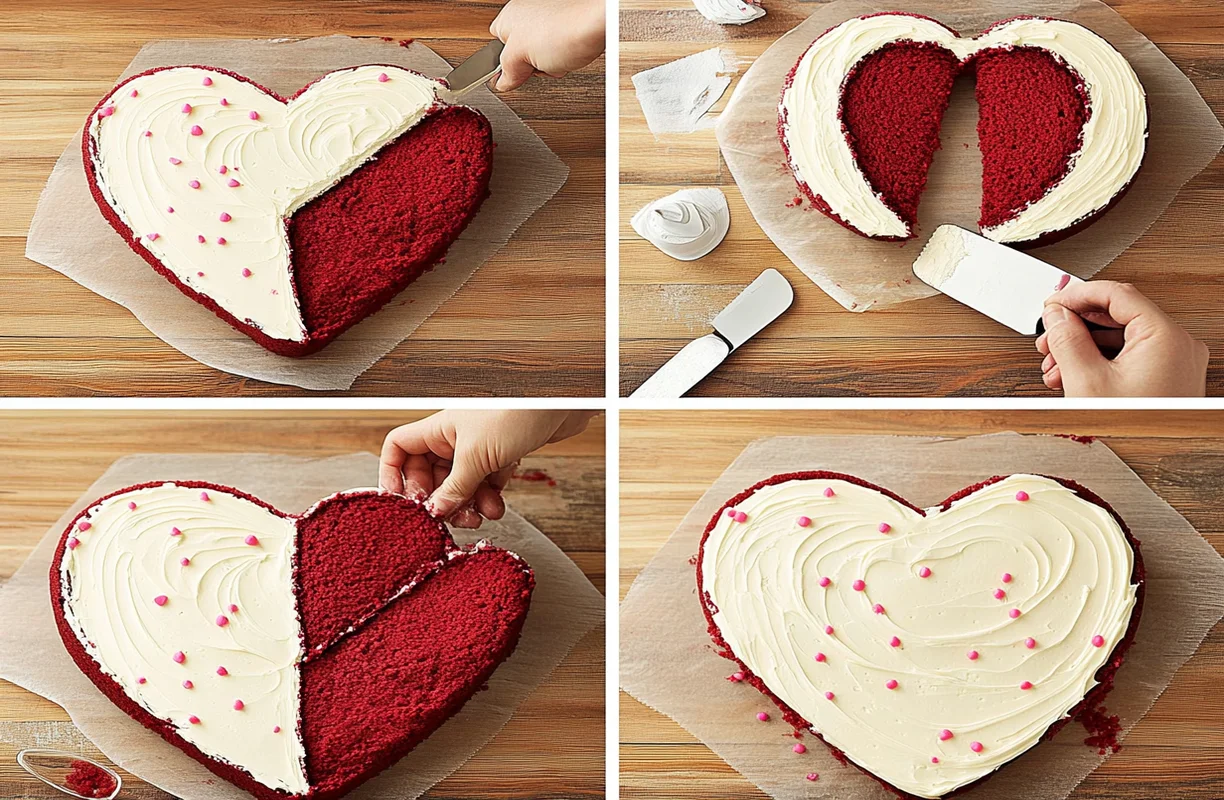 Step-by-step process to make a heart-shaped cake using a square and round cake, assembled, frosted, and decorated with pink sprinkles.