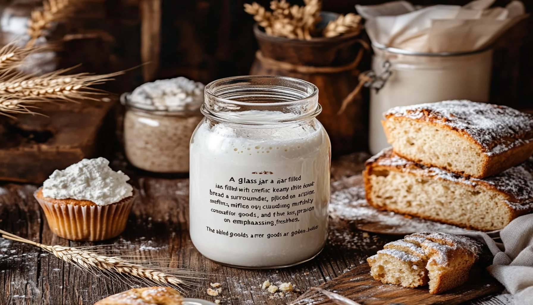 Kefir in a glass jar surrounded by fresh baked goods like muffins and bread on a wooden table.