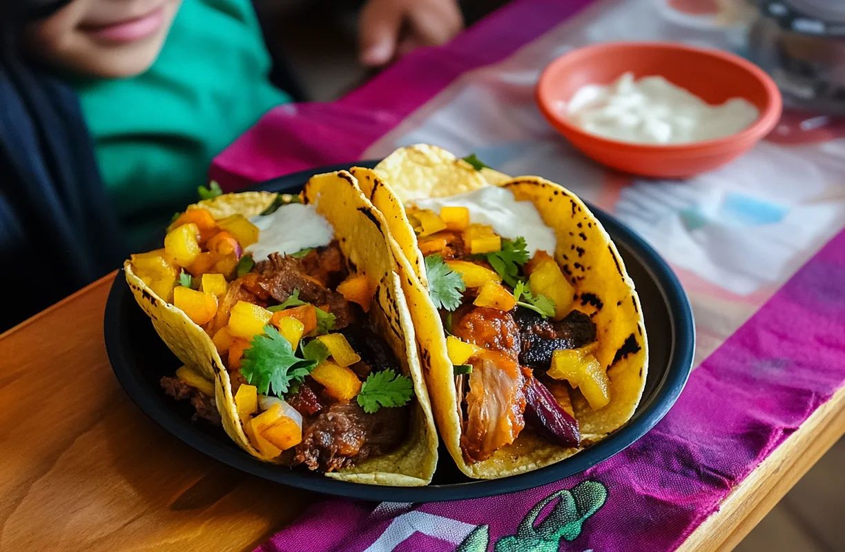 Two grilled corn tacos filled with meat, yellow bell peppers, fresh cilantro, and a dollop of sour cream, served on a black plate with a bowl of sauce in the background