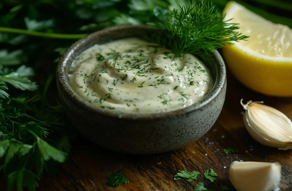 A close-up view of a small bowl of creamy ranch sauce garnished with fresh herbs, surrounded by parsley, dill, garlic cloves, and a whole lemon on a rustic wooden surface.