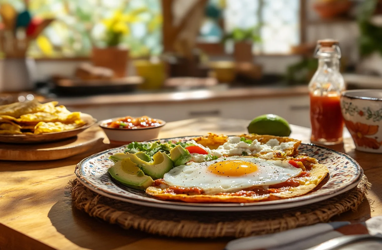 A vibrant spread for a traditional Mexican breakfast featuring creamy ranch dressing, fresh celery sticks, crispy chicken strips, and cherry tomatoes on a rustic wooden table.