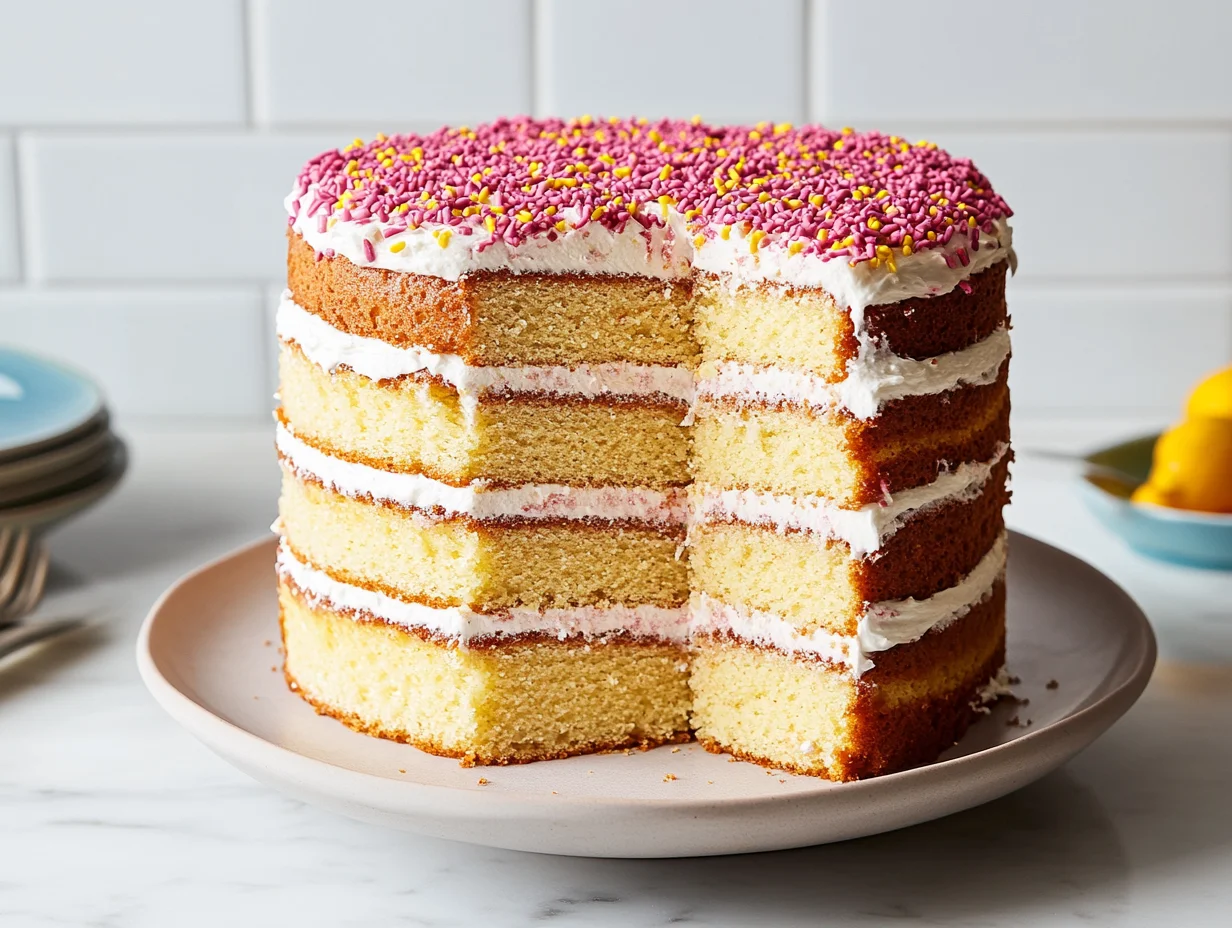 A layered sheet cake with white frosting and colorful sprinkles on top, showcasing the versatility of sheet cakes for any celebration.