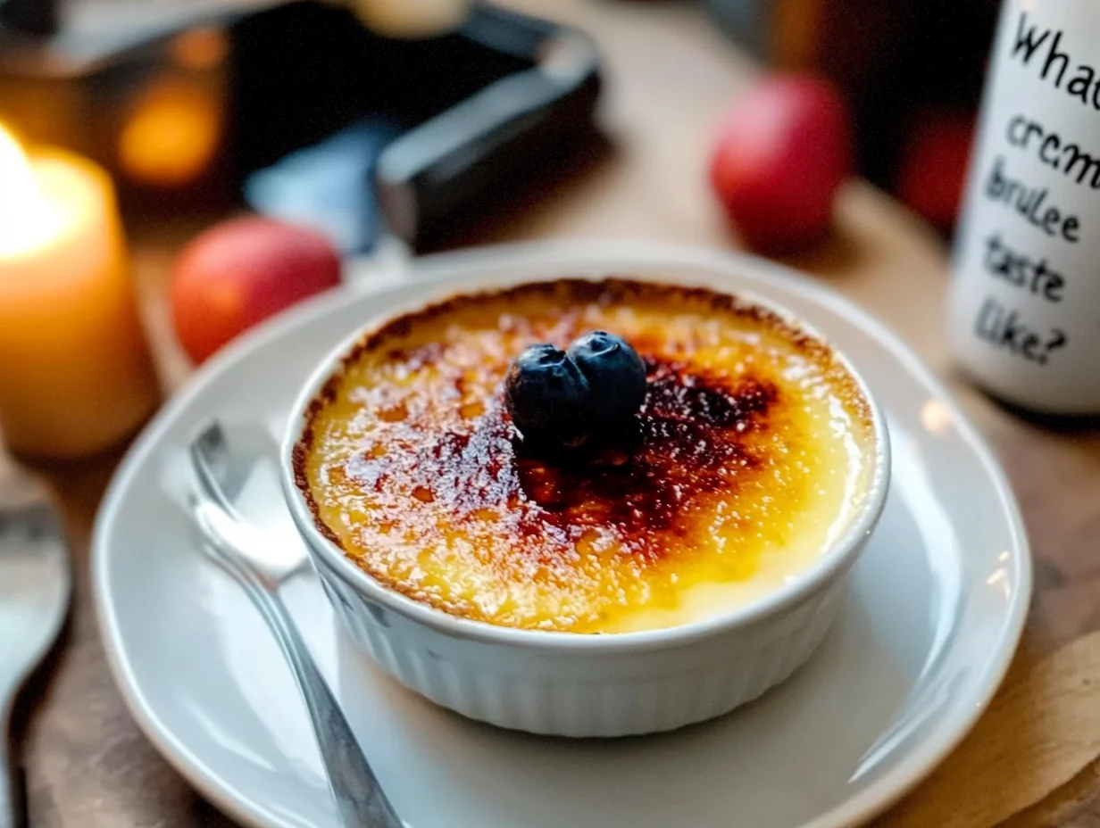 A beautifully caramelized crème brûlée, showcasing its rich taste and golden sugar crust