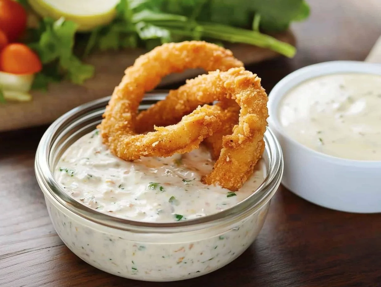 A small glass bowl filled with creamy ranch dressing, garnished with fresh herbs and served with crispy onion rings, placed on a wooden table with fresh vegetables in the background.