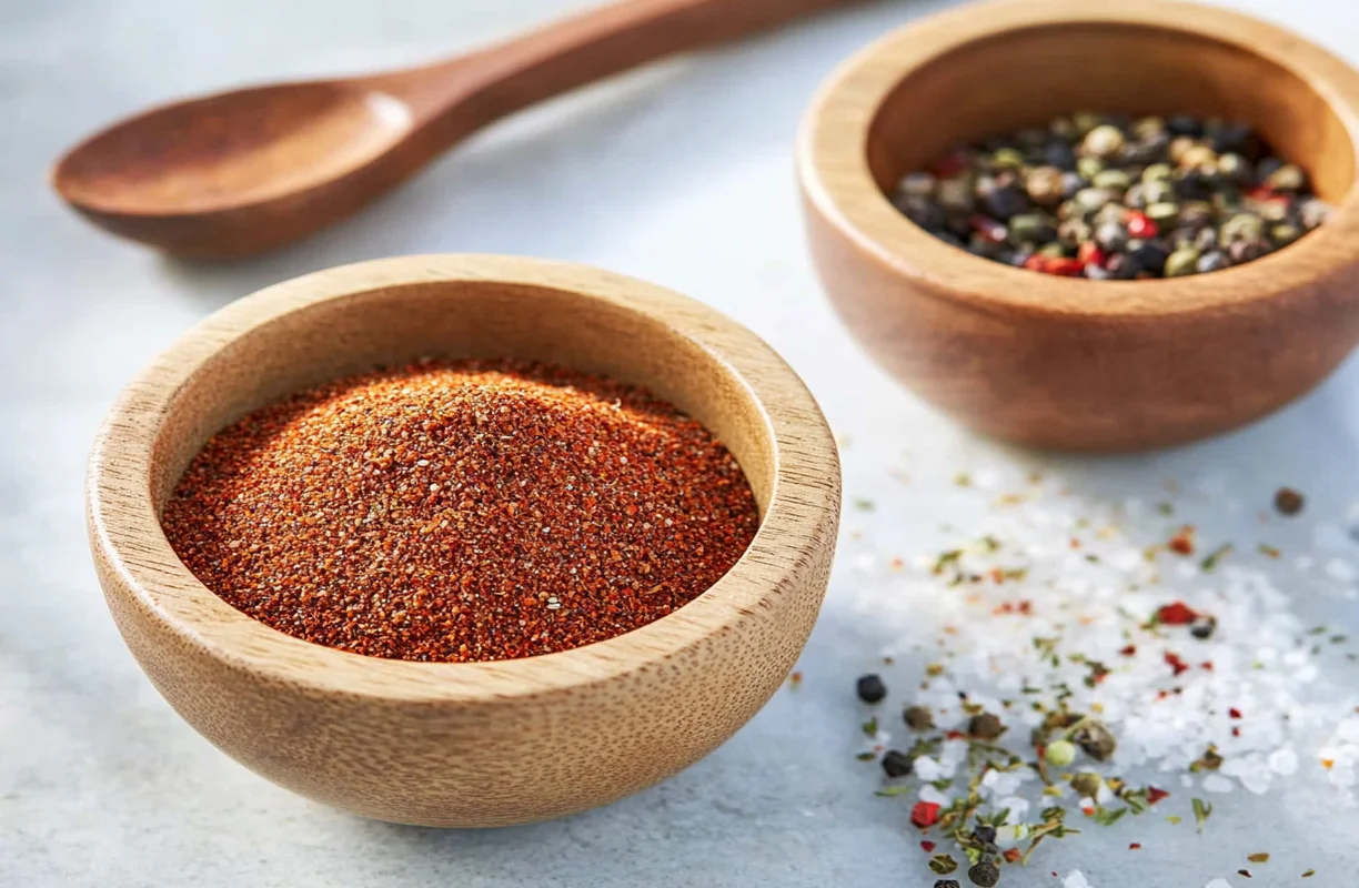 A wooden bowl filled with vibrant red fish seasoning, with another bowl of peppercorns and scattered herbs and salt in the background.