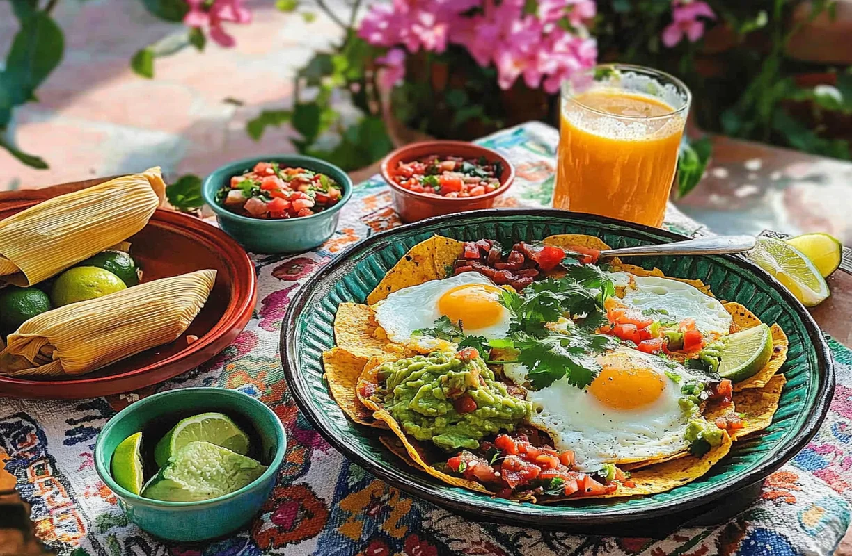 A traditional Mexican breakfast table outdoors featuring chilaquiles, huevos rancheros, tamales, guacamole, café de olla, and orange juice on a colorful tablecloth with a scenic courtyard backdrop.