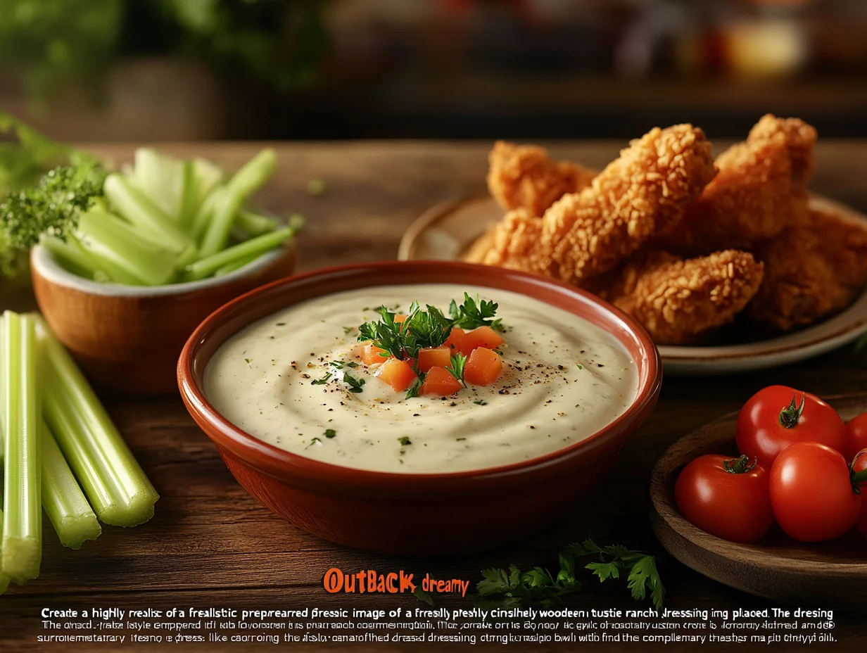 A bowl of creamy ranch dressing garnished with fresh herbs and diced vegetables, surrounded by celery sticks, cherry tomatoes, and crispy fried chicken on a wooden table.