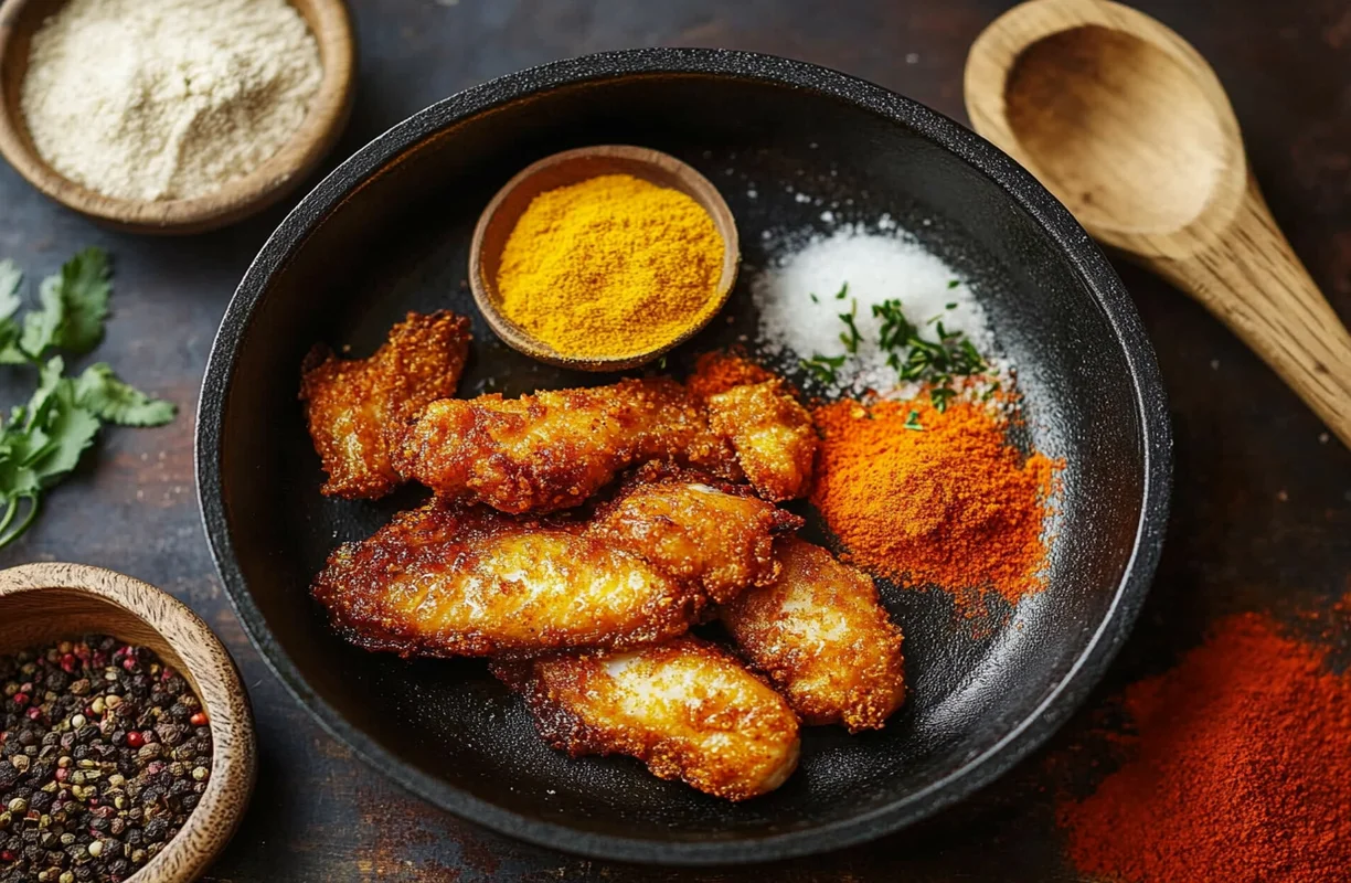 A black bowl containing crispy fried fish with golden-brown seasoning, surrounded by spices including turmeric, red chili powder, salt, and herbs, along with a wooden spoon and peppercorns in a bowl.