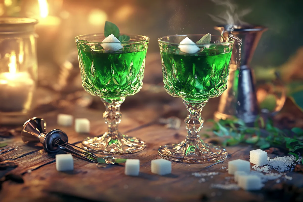 Ingredients for making absinthe, including fresh wormwood sprigs, anise seeds, fennel bulbs, and dried herbs on a rustic wooden table with a green absinthe bottle and sugar cubes in the background.