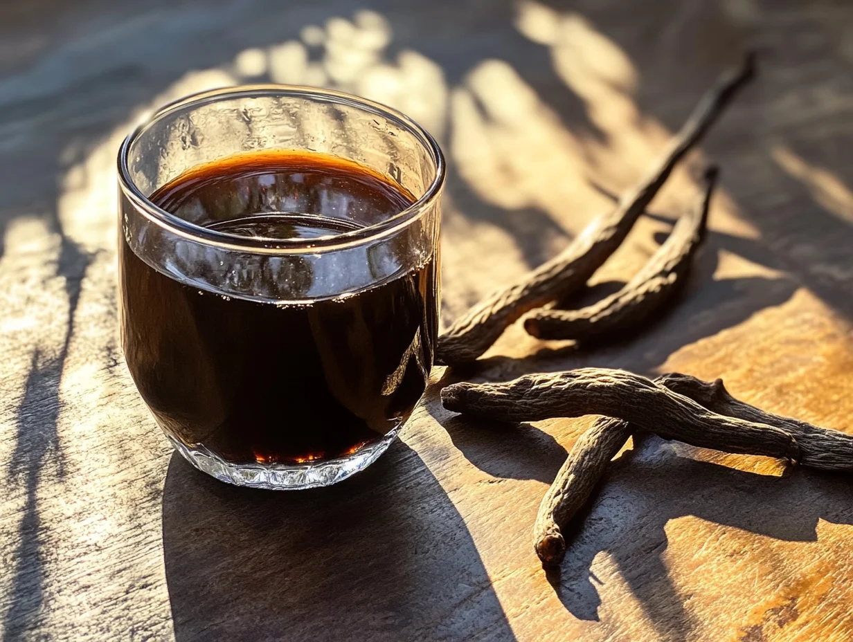 A glass of dark carob liquor on a wooden surface with sunlight streaming in, accompanied by dried carob pods.