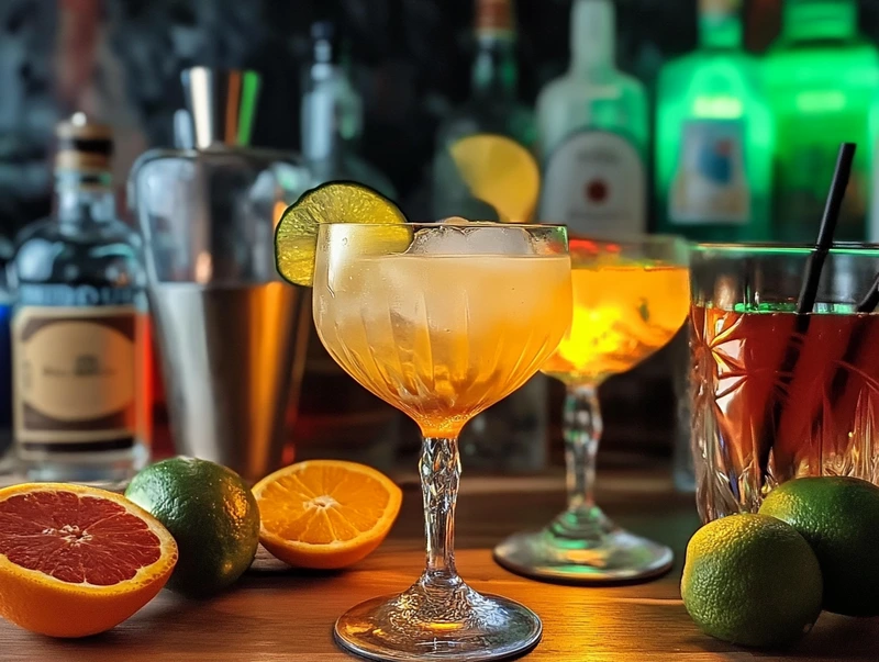 A vibrant bar setting featuring a cocktail glass filled with an orange-colored drink garnished with a lime slice, surrounded by halved citrus fruits, including oranges and grapefruits, with additional bar equipment and liquor bottles in the background.