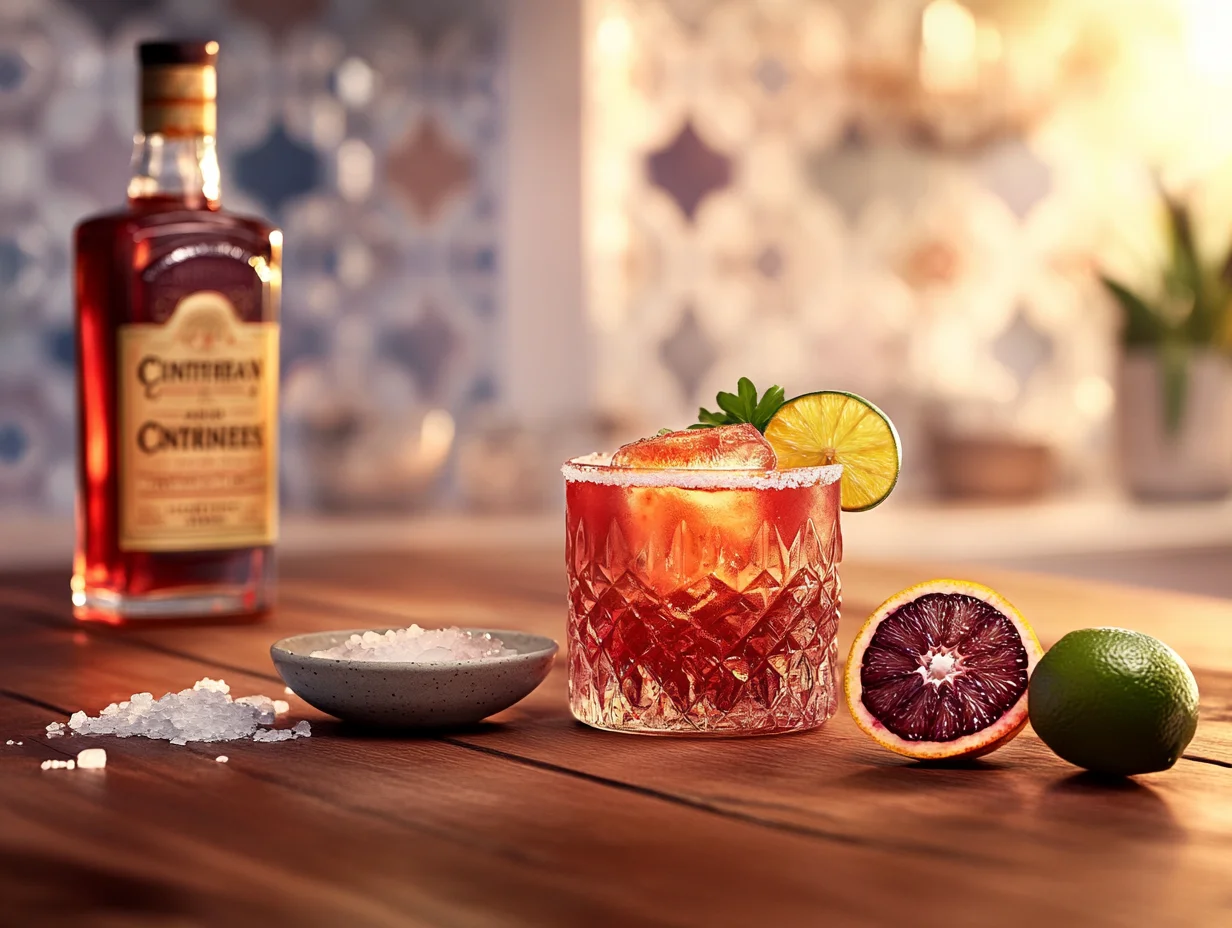 A glass of bright red cocktail with a salted rim, garnished with slices of blood orange and lime, alongside a bottle of Cointreau, fresh citrus fruits, and a bowl of coarse salt, all set on a wooden countertop with soft natural lighting.