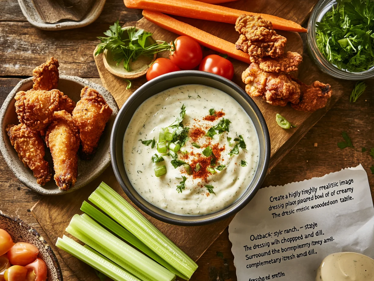 A rustic arrangement of Outback Ranch dressing ingredients and pairings. The creamy ranch dressing is garnished with parsley, paprika, and green onions, surrounded by crispy chicken wings, celery sticks, cherry tomatoes, and fresh herbs on a wooden table.