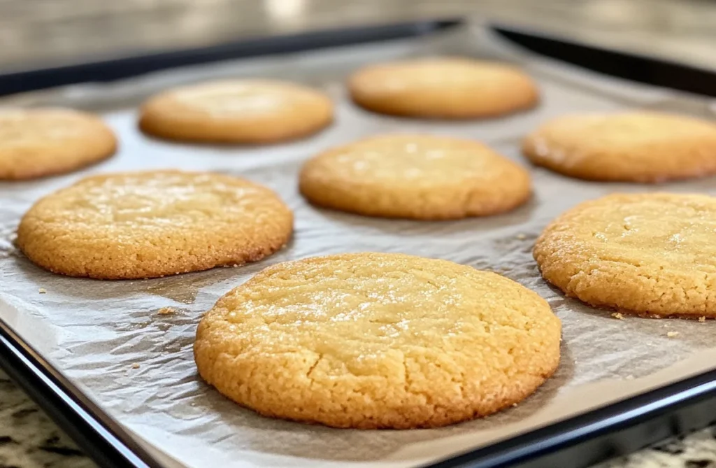 Cookies baking on parchment paper, showing texture differences when choosing to Bake Cookies at 350 or 375.