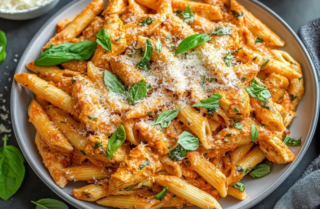 A plate of creamy penne pasta with chicken, topped with fresh basil leaves and Parmesan cheese, creating a vibrant and appetizing presentation.