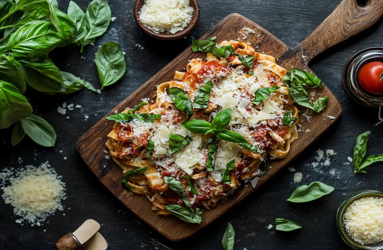 A wooden platter showcasing chicken and pasta garnished with Parmesan cheese and fresh basil leaves, surrounded by small bowls of grated cheese and herbs.