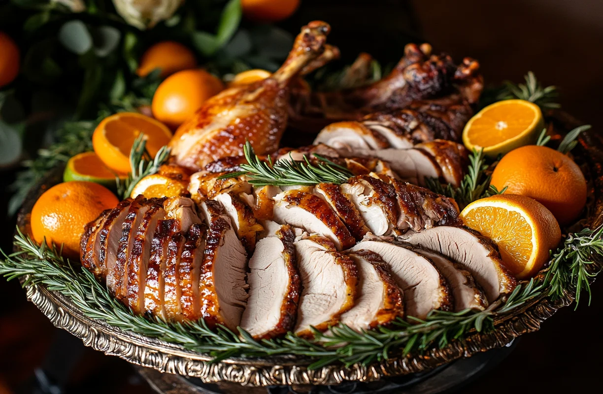 Sliced smoked turkey on a platter with rosemary and oranges, demonstrating the results of smoking a turkey at 225°F or 250°F.