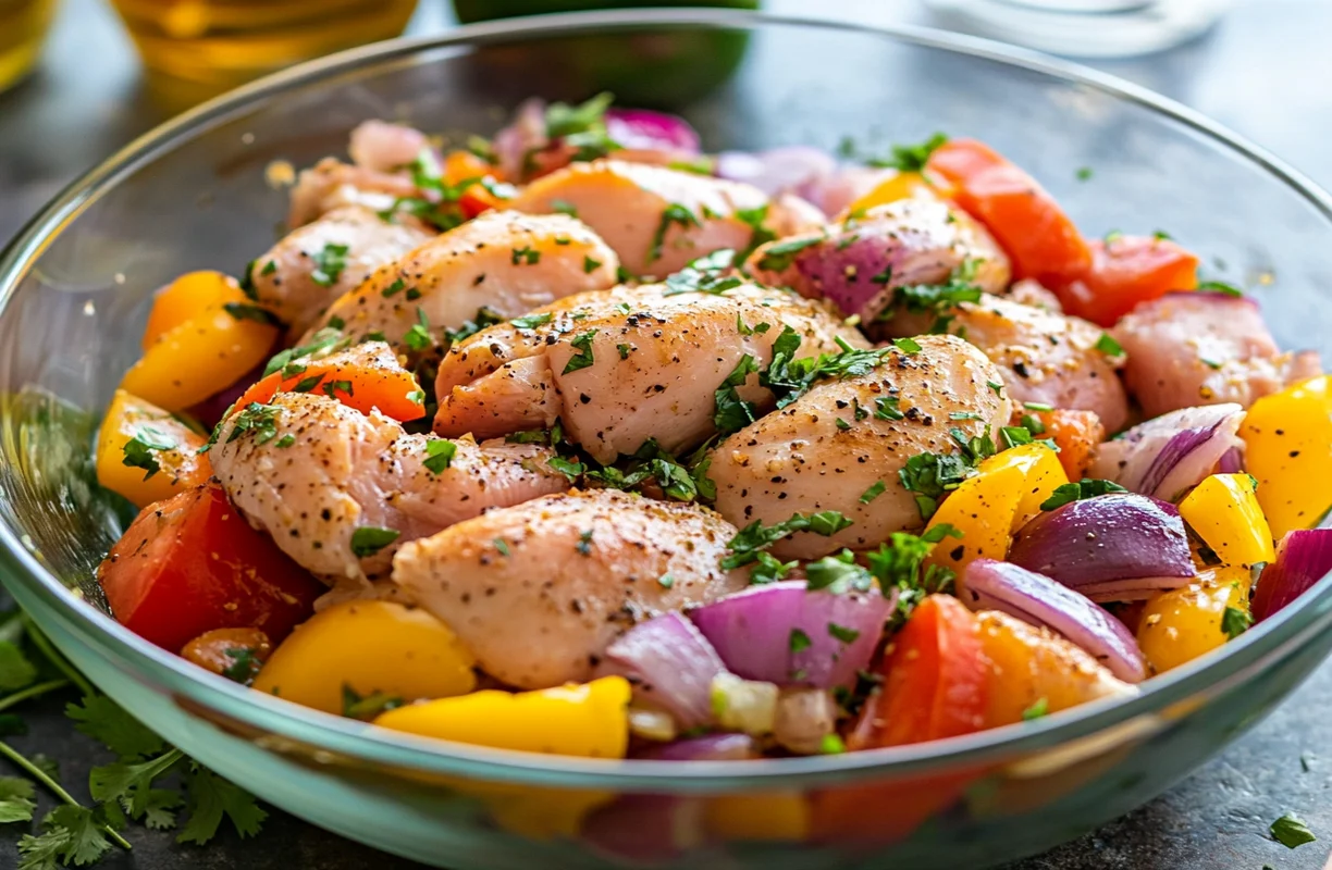 Marinated chicken and colorful vegetables in a bowl with Korean BBQ sauce for grilling.