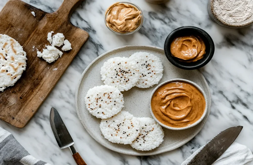 Fresh rice cakes topped with sesame seeds, served with creamy peanut butter, showing what people put on rice cakes for a simple yet delicious snack.