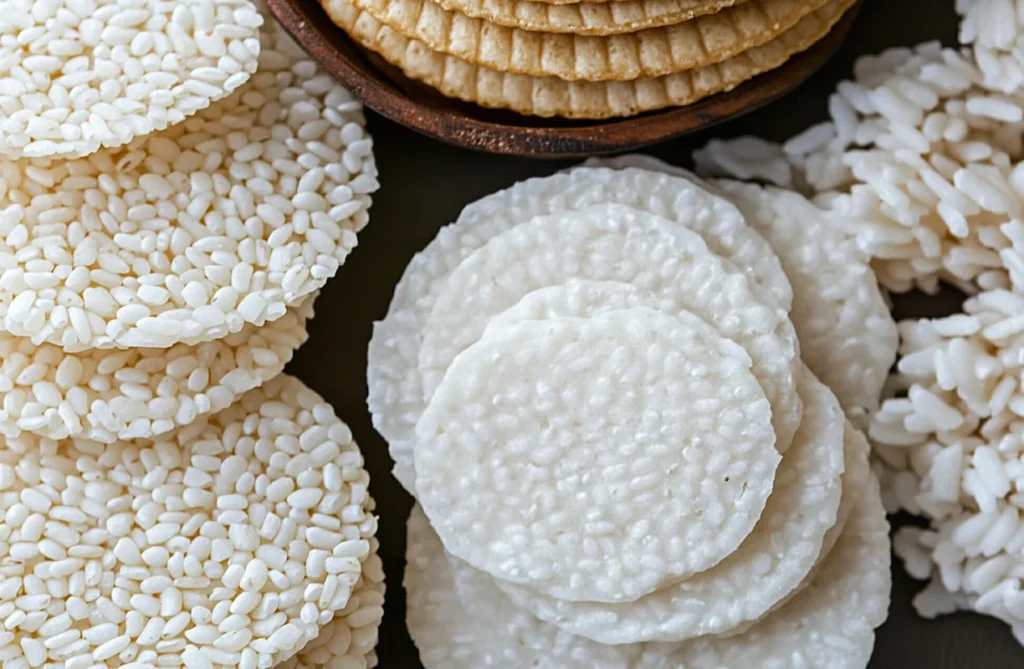 A selection of puffed and flat rice cakes with raw rice grains, answering if rice cakes are good for losing belly fat.
