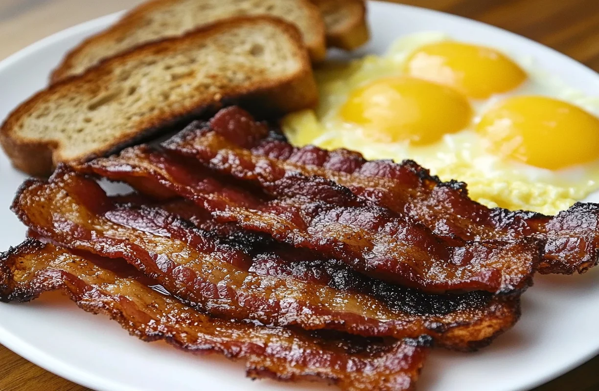 Crispy beef bacon served with eggs and toast on a breakfast plate.
