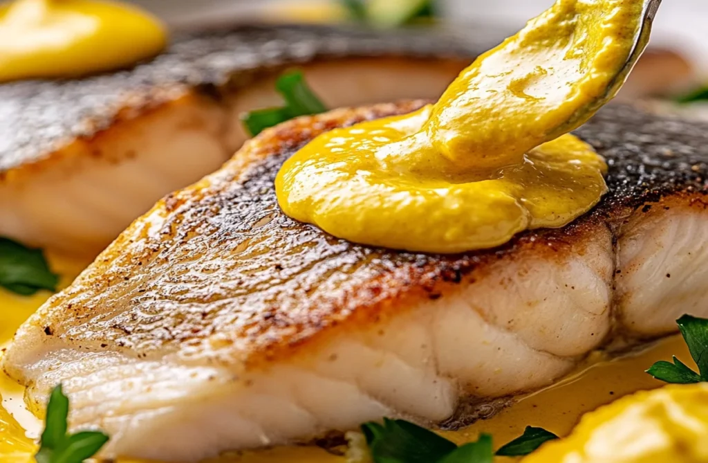 Close-up of mustard being spread on a cooked fish fillet, showing how mustard is used to enhance flavor and texture before frying.