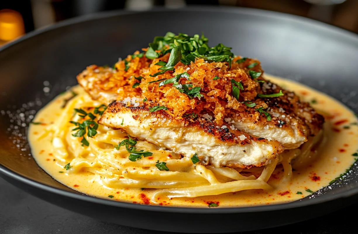 A delectable plate of Marry Me Chicken Pasta garnished with fresh basil, showing creamy sauce and perfectly cooked chicken thighs.