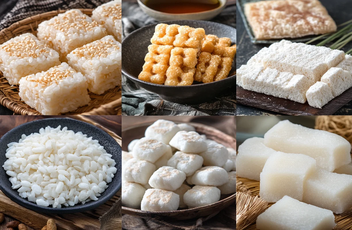 Assorted rice cakes including puffed rice snacks, chewy Tteok, and traditional Mochi displayed in bowls and on wooden trays.